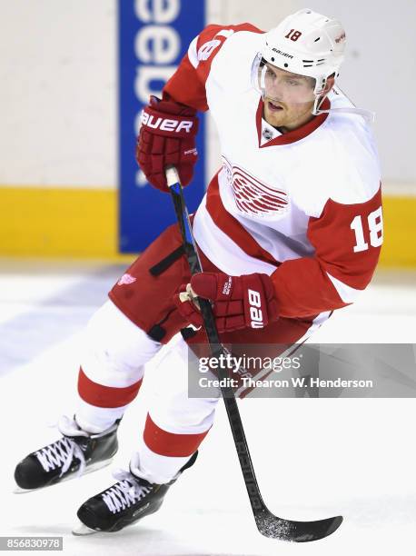 Joakim Andersson of the Detroit Red Wings warms up prior to a game against the San Jose Sharks at SAP Center on February 26, 2015 in San Jose,...