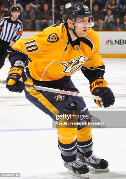 Mike Santorelli of the Nashville Predators plays in a game against the Minnesota Wild at Bridgestone Arena on February 26, 2015 in Nashville,...