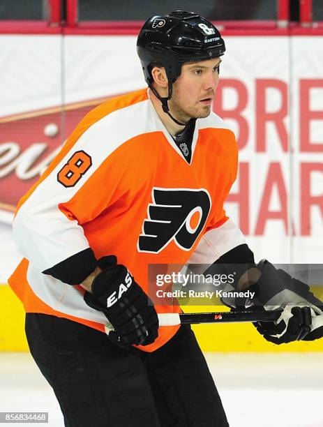Nicklas Grossmann of the Philadelphia Flyers plays in a game against the New York Rangers at the Wells Fargo Center on February 28, 2015 in...