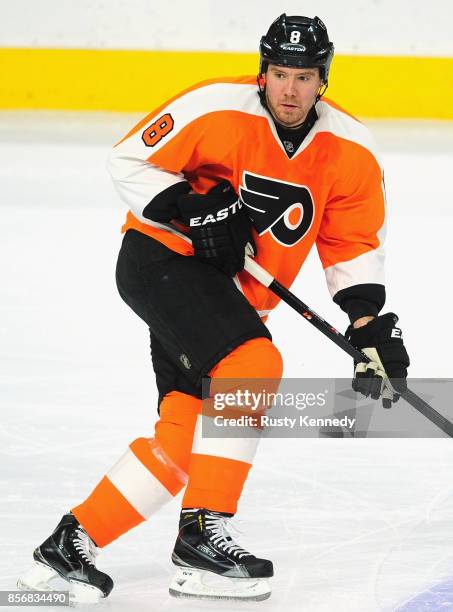 Nicklas Grossmann of the Philadelphia Flyers plays in a game against the New York Rangers at the Wells Fargo Center on February 28, 2015 in...