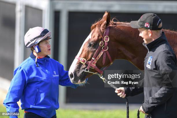 Craig Williams with Admire Deus and Strapper Matt Scown at Werribee Racecourse on October 03, 2017 in Werribee, Australia.