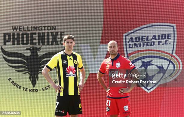 Guilherme Finkler of Wellington Phoenix and Tarek Elrich of Adelaide United pose during the 2017/18 A-League Season Launch at Port Melbourne SC on...