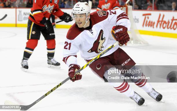 Jordan Szwarz of the Arizona Coyotes plays in the game against the Calgary Flames at Scotiabank Saddledome on April 7, 2015 in Calgary, Alberta,...