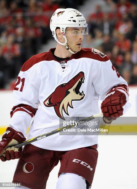 Jordan Szwarz of the Arizona Coyotes plays in the game against the Calgary Flames at Scotiabank Saddledome on April 7, 2015 in Calgary, Alberta,...