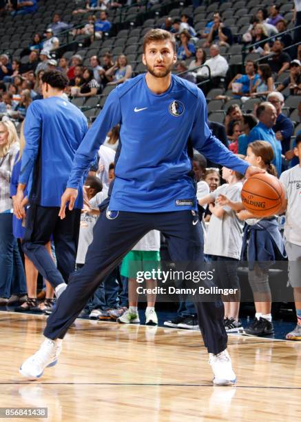 Jeff Withey of the Dallas Mavericks handles the ball before the preseason game against the Milwaukee Bucks on October 2, 2017 at the American...