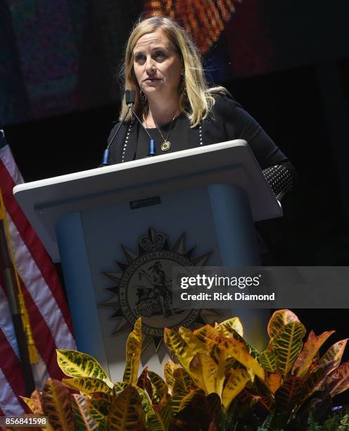 Nashville Mayor Megan Barry addresses the crowd during Nashville Candelight Vigil For Las Vegas at Ascend Amphitheater on October 2, 2017 in...