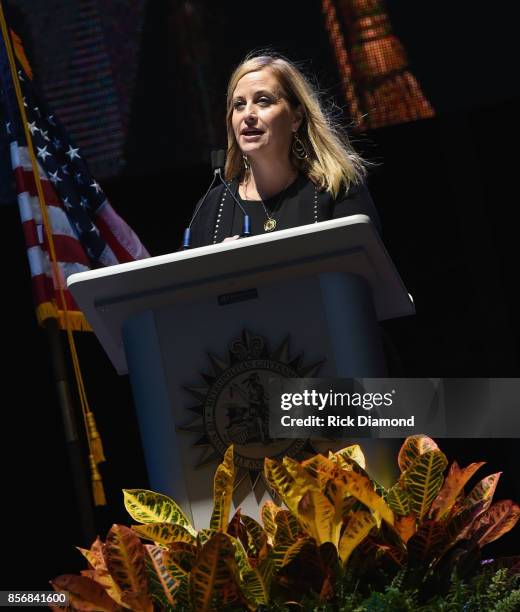 Nashville Mayor Megan Barry addresses the crowd during Nashville Candelight Vigil For Las Vegas at Ascend Amphitheater on October 2, 2017 in...