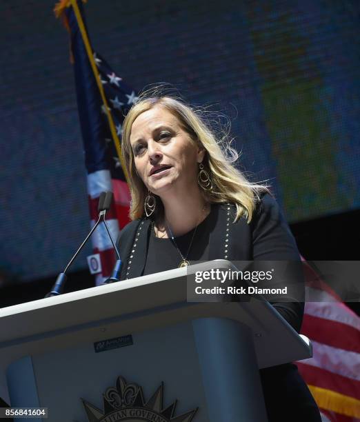 Nashville Mayor Megan Barry addresses the crowd during Nashville Candelight Vigil For Las Vegas at Ascend Amphitheater on October 2, 2017 in...