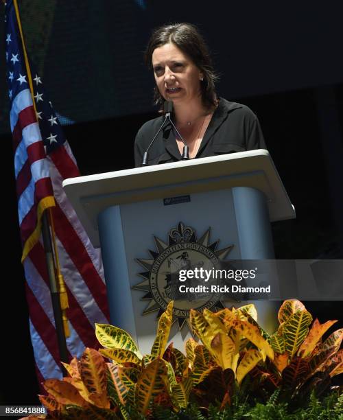Sally Williams SVP/GM Grand Ole Opry addresses the crowd during Nashville Candelight Vigil For Las Vegas at Ascend Amphitheater on October 2, 2017 in...