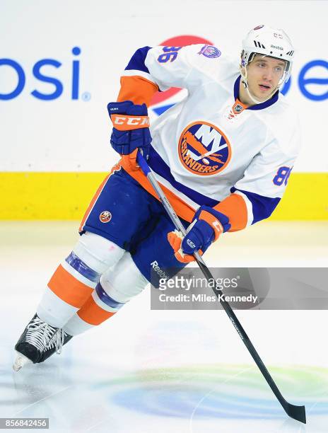 Nikolay Kulemin of the New York Islanders warms up before the game against the Philadelphia Flyers at Wells Fargo Center on April 7, 2015 in...