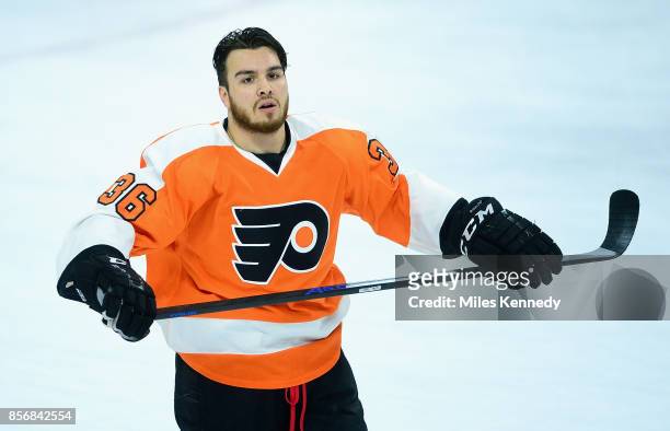 Colin McDonald of the Philadelphia Flyers warms up before the game against the New York Islanders at Wells Fargo Center on April 7, 2015 in...