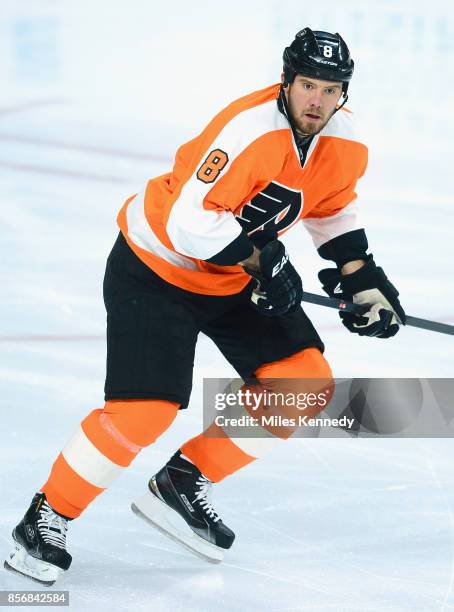 Nicklas Grossmann of the Philadelphia Flyers plays in the game against the New York Islanders at Wells Fargo Center on April 7, 2015 in Philadelphia,...