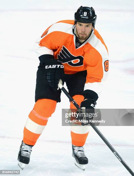 Nicklas Grossmann of the Philadelphia Flyers plays in the game against the New York Islanders at Wells Fargo Center on April 7, 2015 in Philadelphia,...