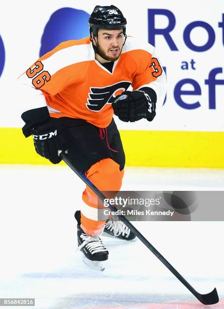 Colin McDonald of the Philadelphia Flyers plays in the game against the New York Islanders at Wells Fargo Center on April 7, 2015 in Philadelphia,...