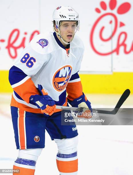 Nikolay Kulemin of the New York Islanders plays in the game against the Philadelphia Flyers at Wells Fargo Center on April 7, 2015 in Philadelphia,...
