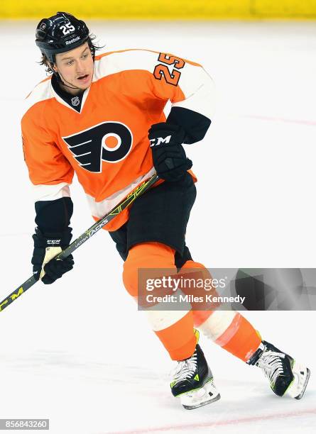 Ryan White of the Philadelphia Flyers plays in the game against the New York Islanders at Wells Fargo Center on April 7, 2015 in Philadelphia,...