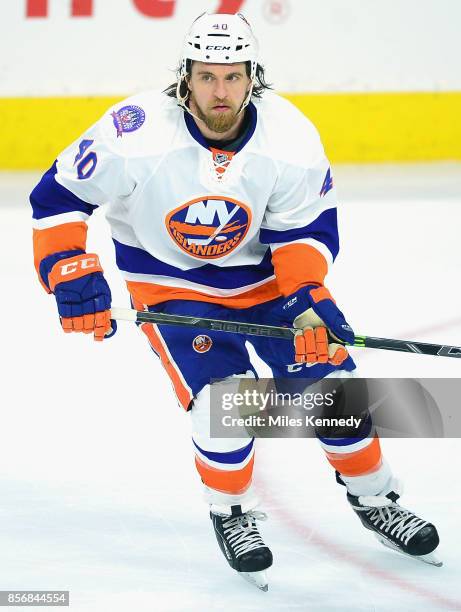 Michael Grabner of the New York Islanders plays in the game against the Philadelphia Flyers at Wells Fargo Center on April 7, 2015 in Philadelphia,...