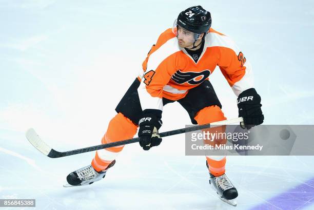 Matt Read of the Philadelphia Flyers plays in the game against the New York Islanders at Wells Fargo Center on April 7, 2015 in Philadelphia,...