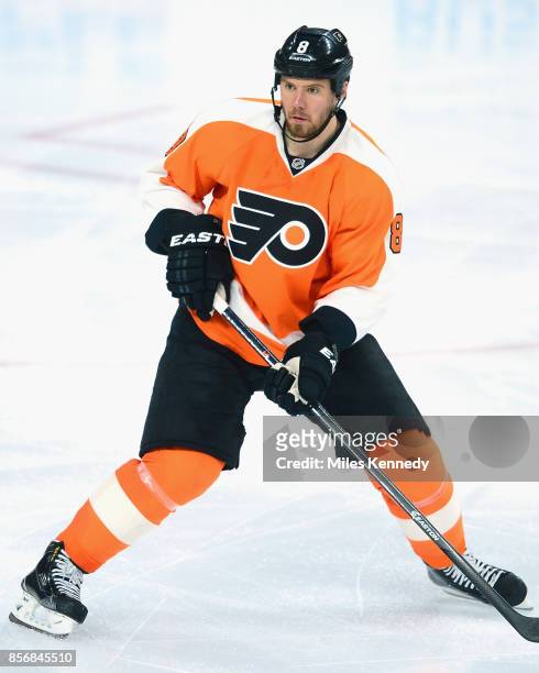 Nicklas Grossmann of the Philadelphia Flyers plays in the game against the New York Islanders at Wells Fargo Center on April 7, 2015 in Philadelphia,...