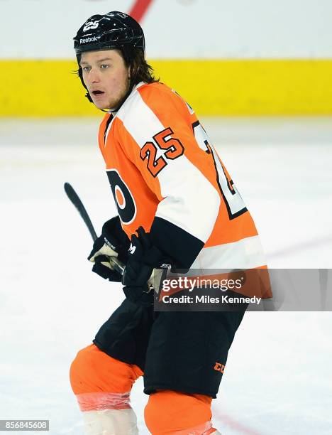 Ryan White of the Philadelphia Flyers plays in the game against the New York Islanders at Wells Fargo Center on April 7, 2015 in Philadelphia,...