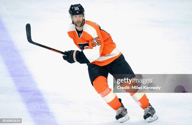 Samuel Morin of the Philadelphia Flyers plays in the game against the New York Islanders at Wells Fargo Center on April 7, 2015 in Philadelphia,...