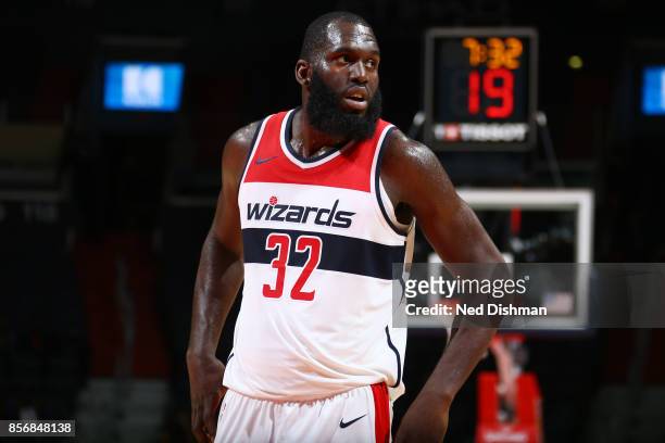 Daniel Ochefu of the Washington Wizards looks on during the preseason game against the Guangzhou Long-Lions on October 2, 2017 at Capital One Arena...