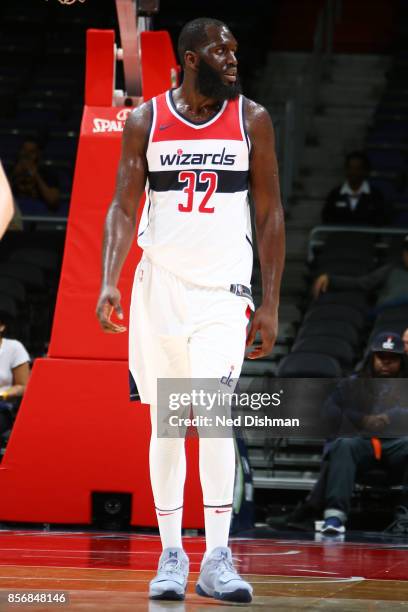 Daniel Ochefu of the Washington Wizards looks on during the preseason game against the Guangzhou Long-Lions on October 2, 2017 at Capital One Arena...