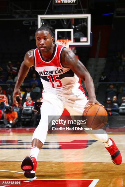 Donald Sloan of the Washington Wizards handles the ball during the preseason game against the Guangzhou Long-Lions on October 2, 2017 at Capital One...