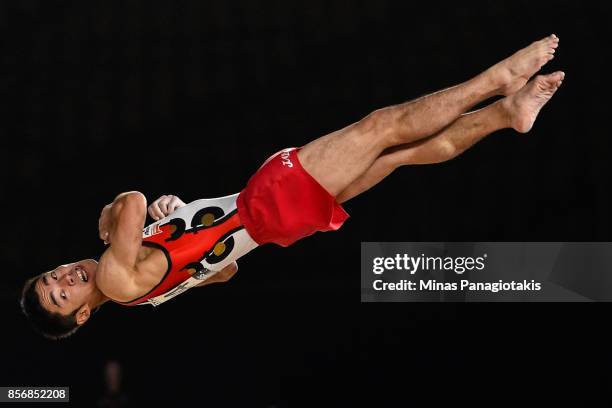 Kenzo Shirai of Japan competes on the floor exercise during day one of the Artistic Gymnastics World Championships on October 2, 2017 at Olympic...