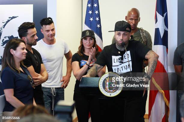 Luis Fonsi, Ricky Martin, Laura Posada, Nicky Jam and Ray Allen during a press conference supporting victims of Hurricane Maria at Luis Munoz Marin...
