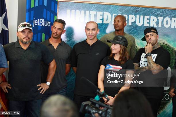 Ivan Rodriguez, Jorge Posada, Carlos Arroyo, Ray Allen, Laura Posada and Nicky Jam during a press conference supporting victims of Hurricane Maria at...