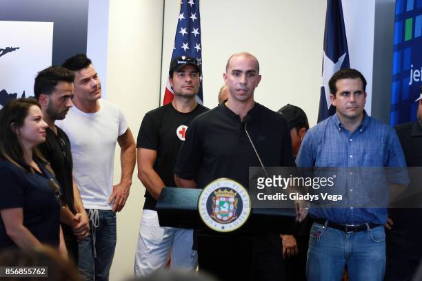 Luis Fonsi, Ricky Martin, Chayanne, Carlos Arroyo and Governor Ricardo Rossello during a press conference supporting victims of Hurricane Maria at...