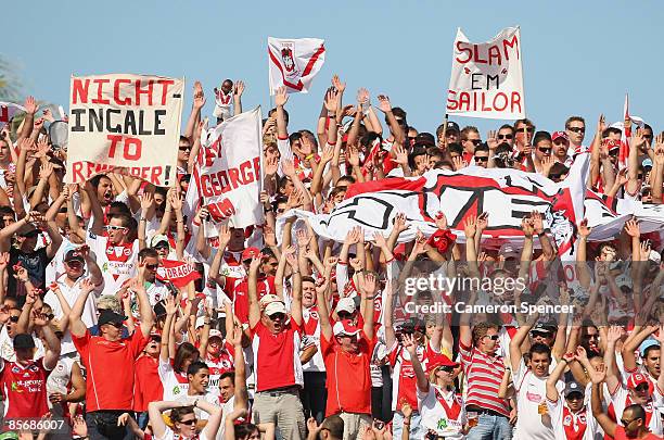 Dragons fans enjoy the atmosphere during the round three NRL match between the St George Illawarra Dragons and the Cronulla Sharks at WIN Jubilee...