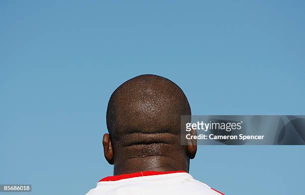 The back of Wendell Sailor's head is seen during the round three NRL match between the St George Illawarra Dragons and the Cronulla Sharks at WIN...