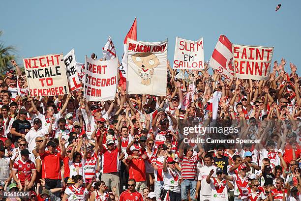 Dragons fans enjoy the atmosphere during the round three NRL match between the St George Illawarra Dragons and the Cronulla Sharks at WIN Jubilee...