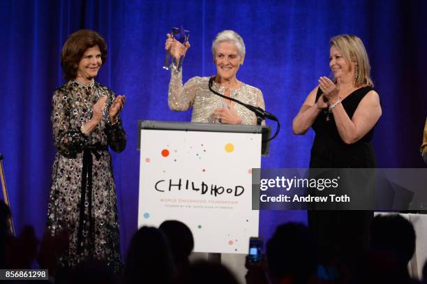 Her Magesty Queen Silvia of Sweden, Honoree Monika Heimbold and Joanna Rubinstein speak onstage at the World Childhood Foundation USA 2017 Thank You...