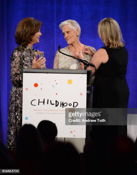 Her Magesty Queen Silvia of Sweden, Honoree Monika Heimbold and Joanna Rubinstein speak onstage at the World Childhood Foundation USA 2017 Thank You...
