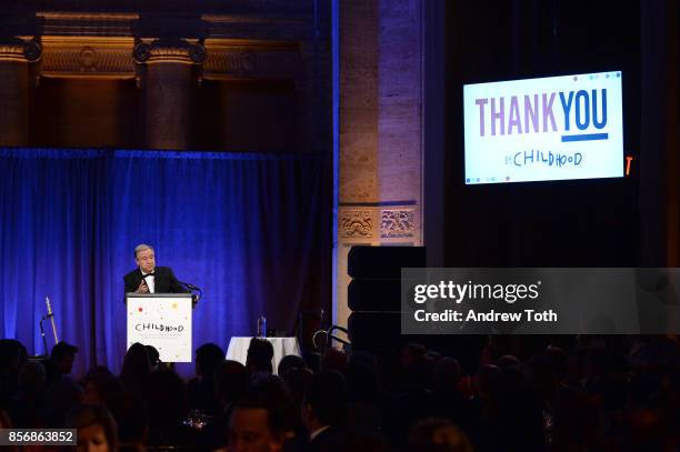 Secretary-General of the United Nations Antonio Guterres speaks onstage at the World Childhood Foundation USA 2017 Thank You Gala at Cipriani 25...