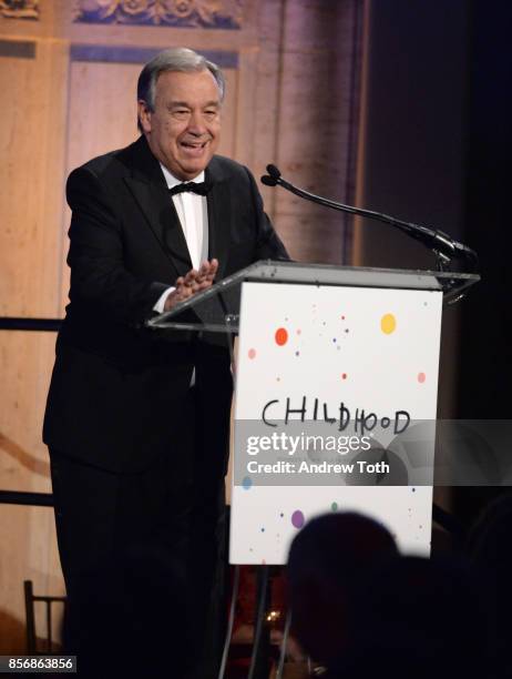 Secretary-General of the United Nations Antonio Guterres speaks onstage at the World Childhood Foundation USA 2017 Thank You Gala at Cipriani 25...