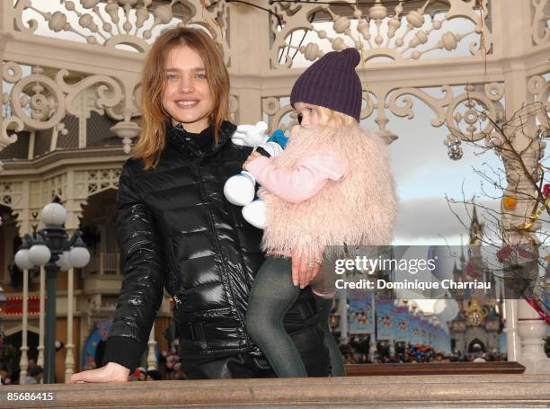 Russian model Natalia Vodianova and daughter Neva attend Mickey Mouse Magic Party at Disneyland Resort on March 28, 2009 in Marne la Vallee, France.