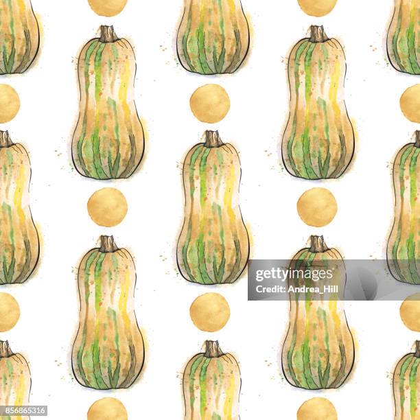 delicata squash watercolor vector seamless pattern with watercolor splotches - delicata squash stock illustrations