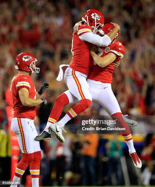 Kicker Harrison Butker of the Kansas City Chiefs celebrates with long snapper James Winchester after kicking the go-ahead field goal with 8 seconds...