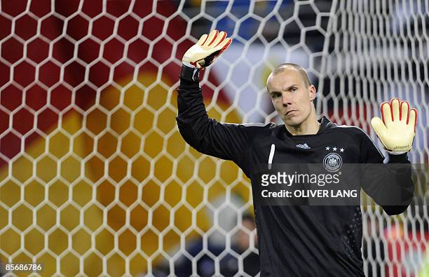 Germany's goalkeeper Robert Enke gestures during their their football World Cup 2010 qualifying match Germany vs Liechtenstein on March 28, 2009 in...
