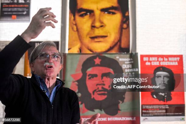Juan Martin Guevara, brother of late Argentine revolutionary legend Ernesto 'Che' Guevara, gestures during an interview with AFP at his office in...