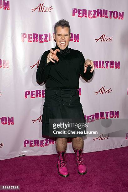 Celebrity blogger Perez Hilton arrives at Perez Hilton's 31st Birthday Party at The Viper Room on March 28, 2009 in Hollywood, California.