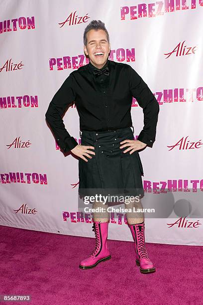 Celebrity blogger Perez Hilton arrives at Perez Hilton's 31st Birthday Party at The Viper Room on March 28, 2009 in Hollywood, California.