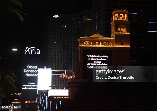 The Las Vegas strip pays tribute to the victims of the Route 91 Harvest country music festival shooting victims October 2, 2017 in Las Vegas, Nevada....
