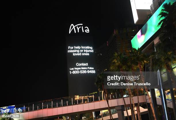 The Las Vegas strip pays tribute to the victims of the Route 91 Harvest country music festival shooting victims October 2, 2017 in Las Vegas, Nevada....
