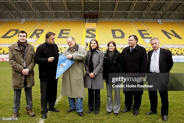 Hans-Joerg Otto, Construction Manager of the Rudolf Harbig Stadion, Ulrich Wolter, main coordinator of the Women's World Cup, Winfried Lehmann, major...