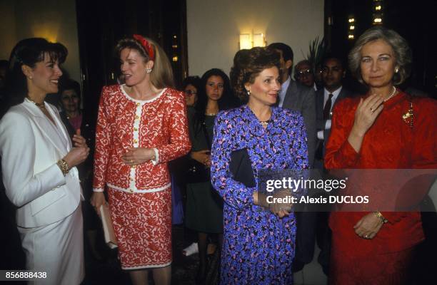 From left, Princess Caroline of Monaco, Queen Noor of Jordan, Suzanne Mubarak and Queen Sofia of Spain at Unesco evening gala on February 11, 1990 in...